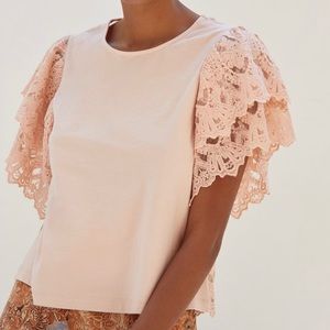 Anthropologie Forever That Girl Pink Back Lace Flutter Sleeves Top XS